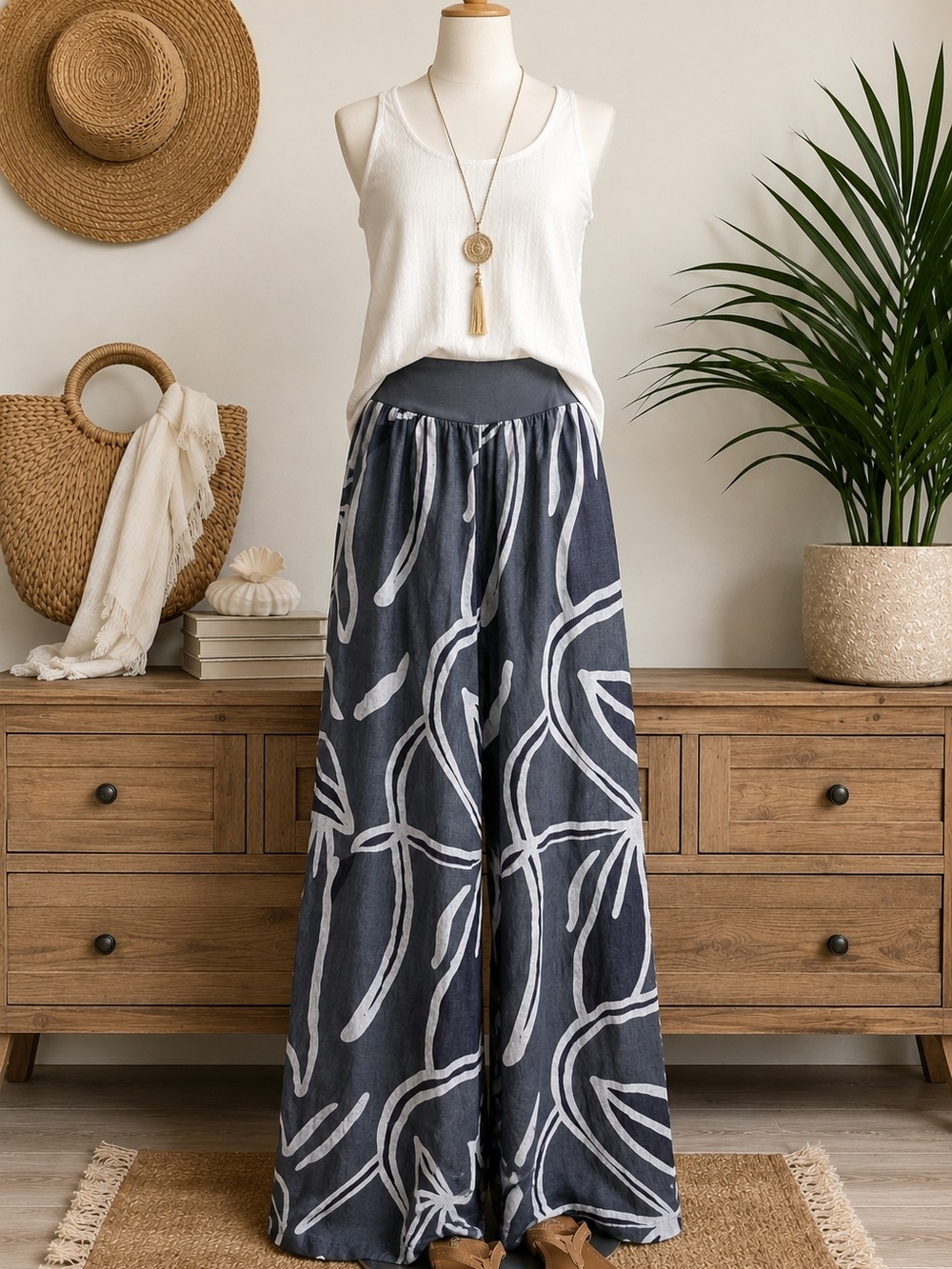 Made in Italy Linen Wide Leg Pants S/M Gray White Floral Palazzo